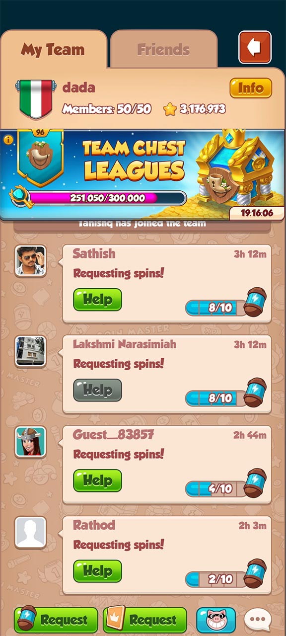 Request Spins, Coins, Cards from Team